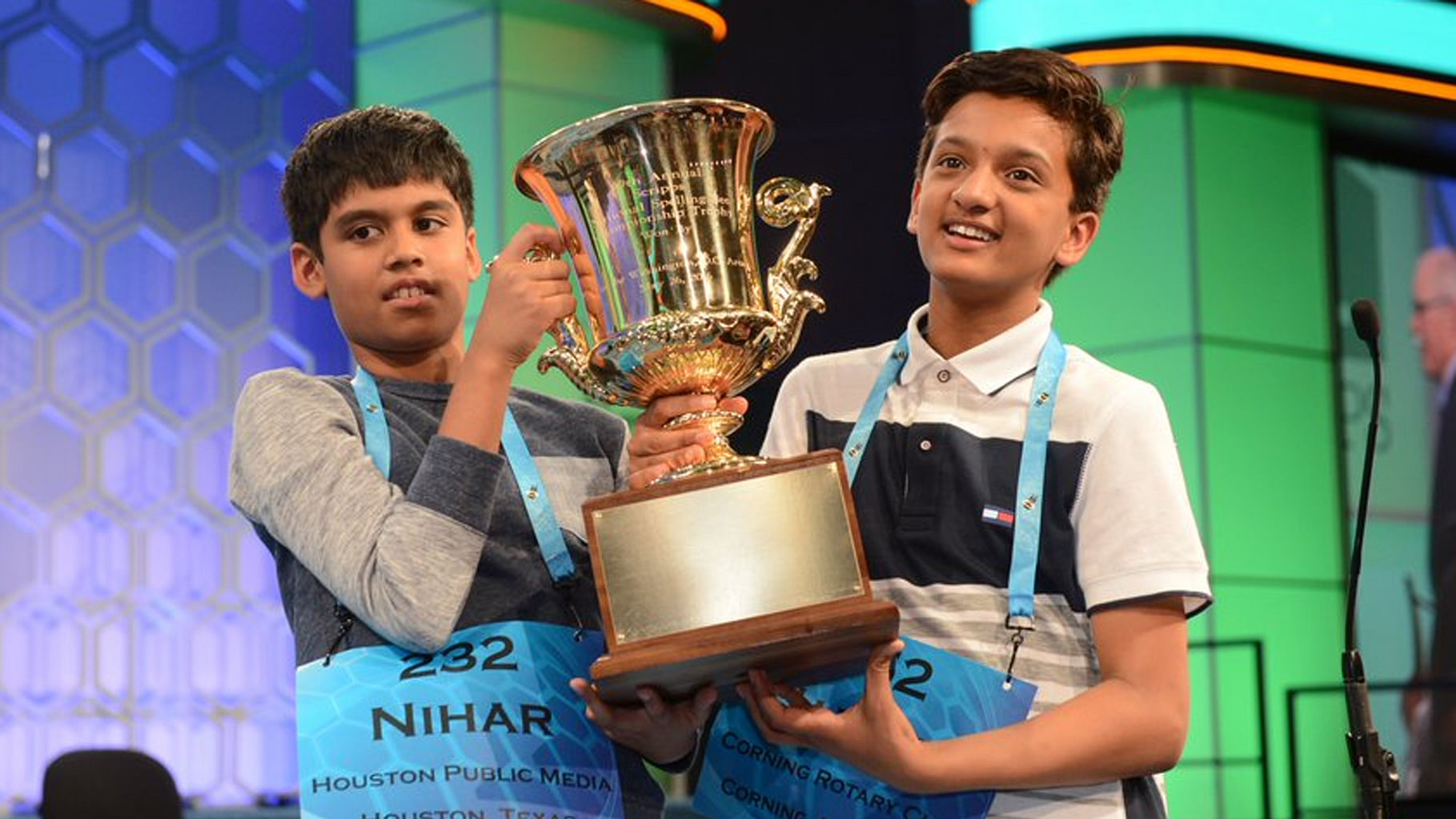 Nihar Janga (left) and Jairam Hathwar (right), joint winners of the 2016 edition of the Scripps National Spelling Bee, in Oxon Hill, USA. (Photo: AP/ESPN screengrab)