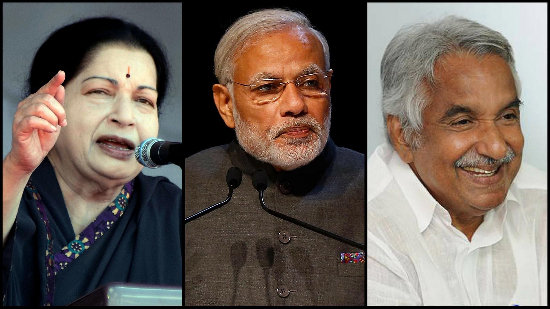 Tamil Nadu Chief Minsiter J Jayalalithaa, Prime Minister Narendra Modi, and Kerala Chief Minister Ommen Chandy (left to right). (Photo: <b>The Quint</b>)