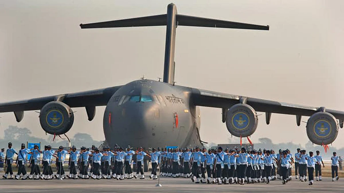 Indian Air Force soldiers march past the IAF C-17 Globemaster during the Air Force Day parade at Hindon Air Force base near New Delhi. 