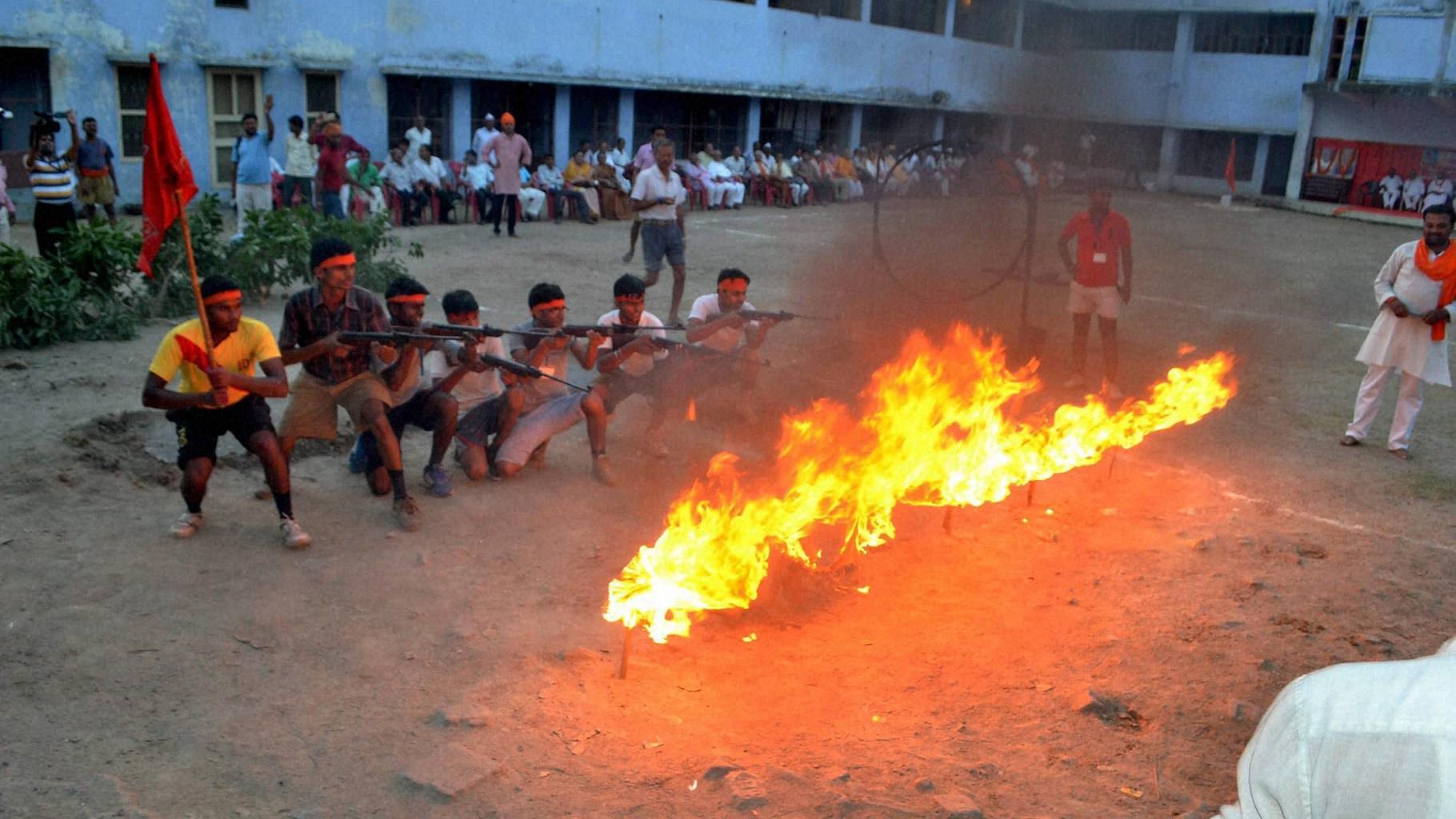 Volunteers at a ‘self-defence’ training camp organised recently by Bajrang Dal in Ayodhya. (Photo: PTI)