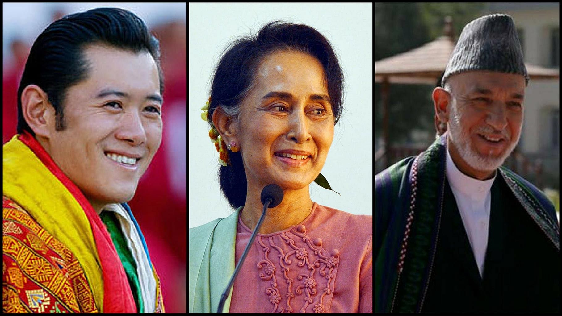 King of Bhutan Jigme Khesar Namgyal Wangchuk (left), incumbent State Counsellor of Myanmar Aung San Suu Kyi, and former President of Afghanistan Hamid Karzai (right). (Photo: <b>The Quint</b>)