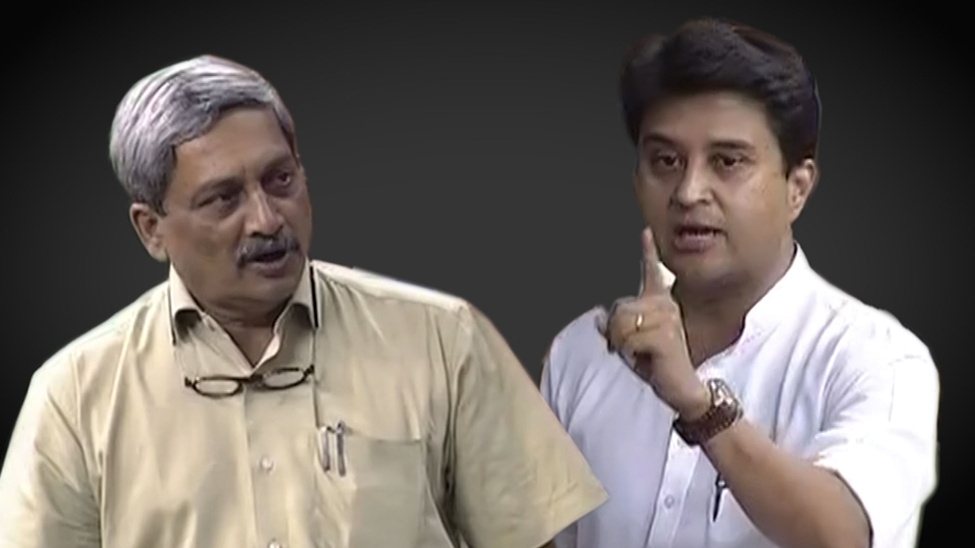 Defence Minister Manohar Parrikar (left) took on a barrage of attacks from Congress MP Jyotiraditya Scindia (right) in the Lok Sabha on Friday. (Photo: LSTV screengrab/altered by <b>The Quint</b>)