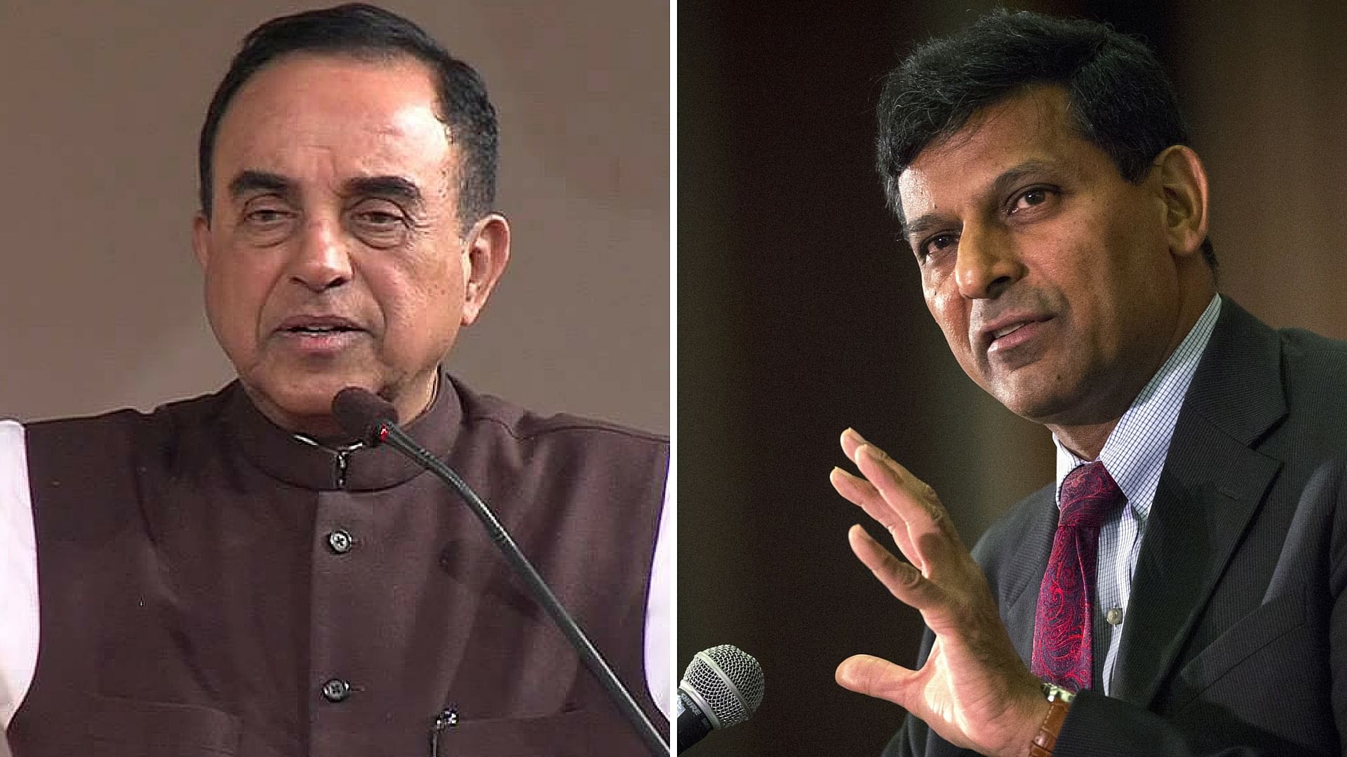 Subramanian Swamy (left) and Raghuram Rajan (right). (Photo altered by <b>The Quint</b>)