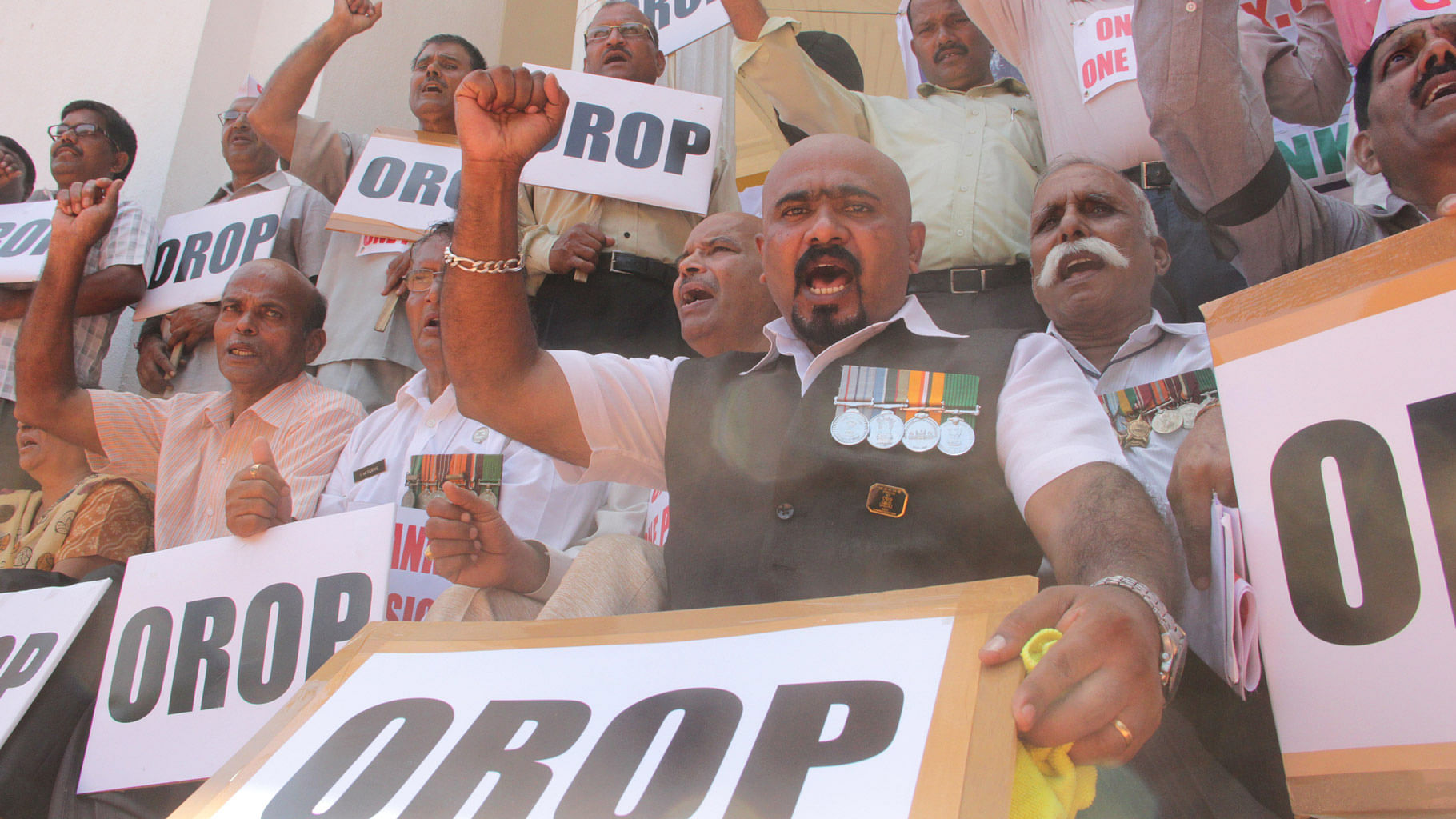 <div class="paragraphs"><p>  Ex-servicemen staging a demonstration to press for their demand of OROP - one rank one pension. </p></div>