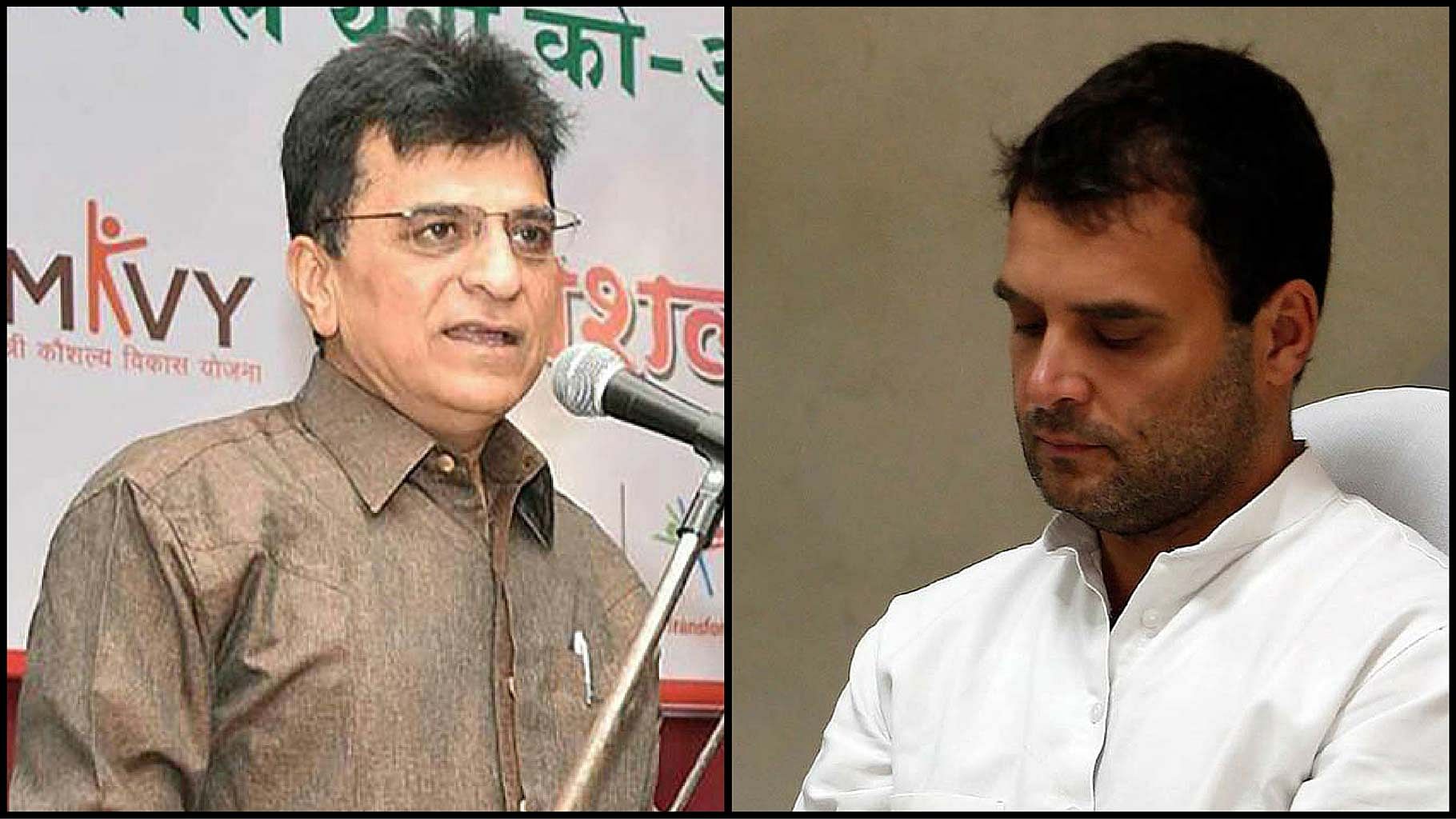 BJP MP Kirit Somaiya (left) and Congress vice president Rahul Gandhi. (Photo: <b>The Quint</b>)