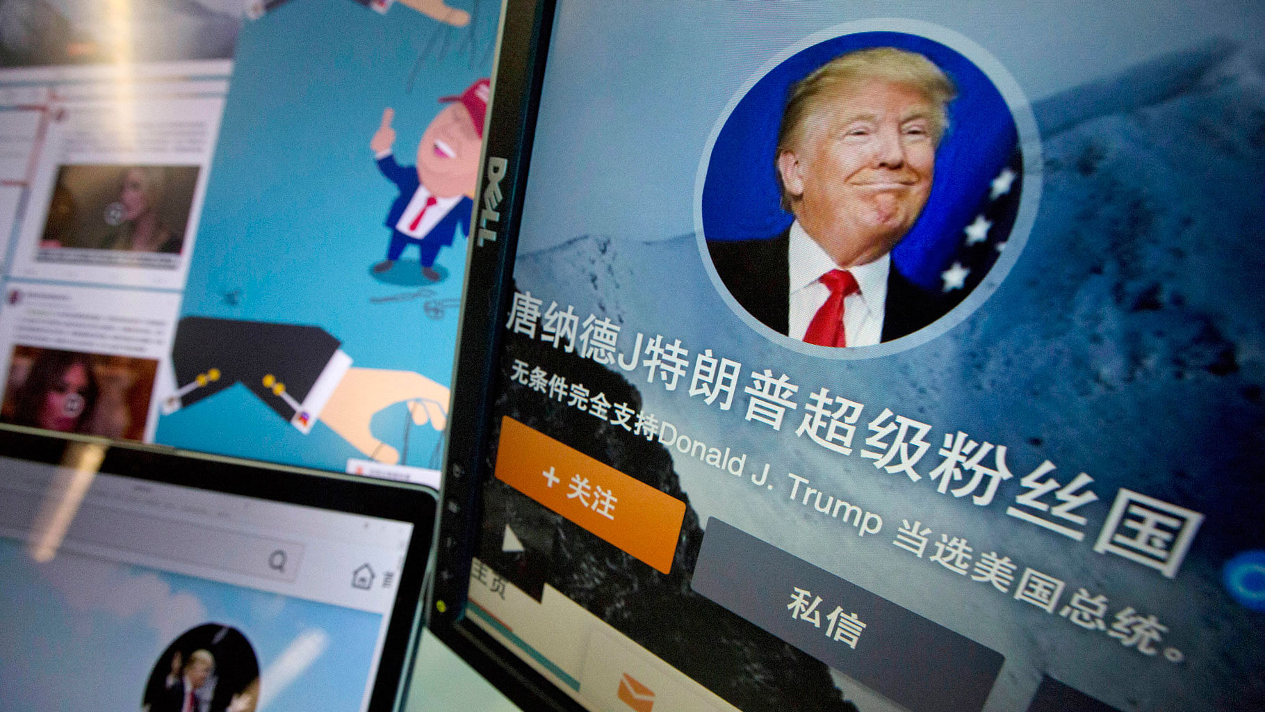 In this 18 May 2016 photo, Chinese fan websites for Donald Trump are displayed on a computer with the words “Donald J Trump super fan nation, Full and unconditional support for Donald J Trump to be elected US president”. (Photo: AP)
