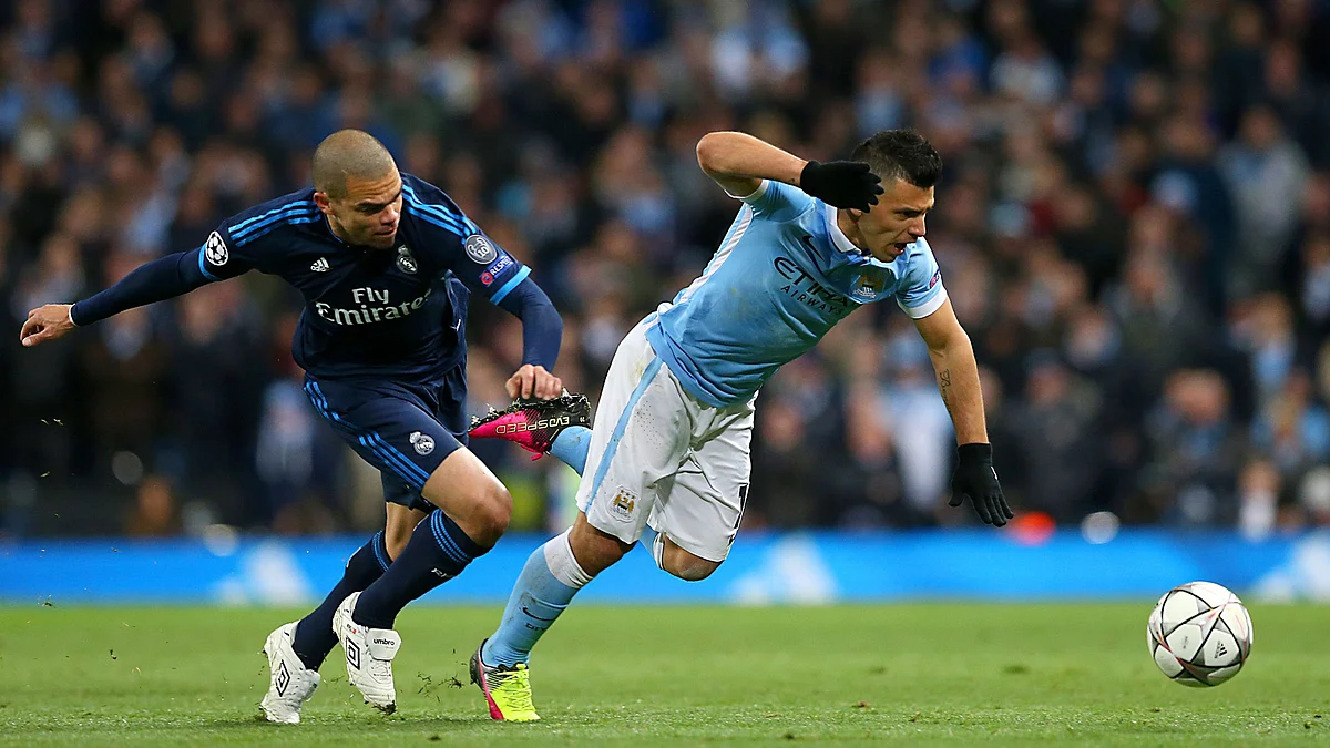 Real Madrid’s Pepe and Manchester City’s Sergio Aguero during the semi final first leg (Photo: AP)