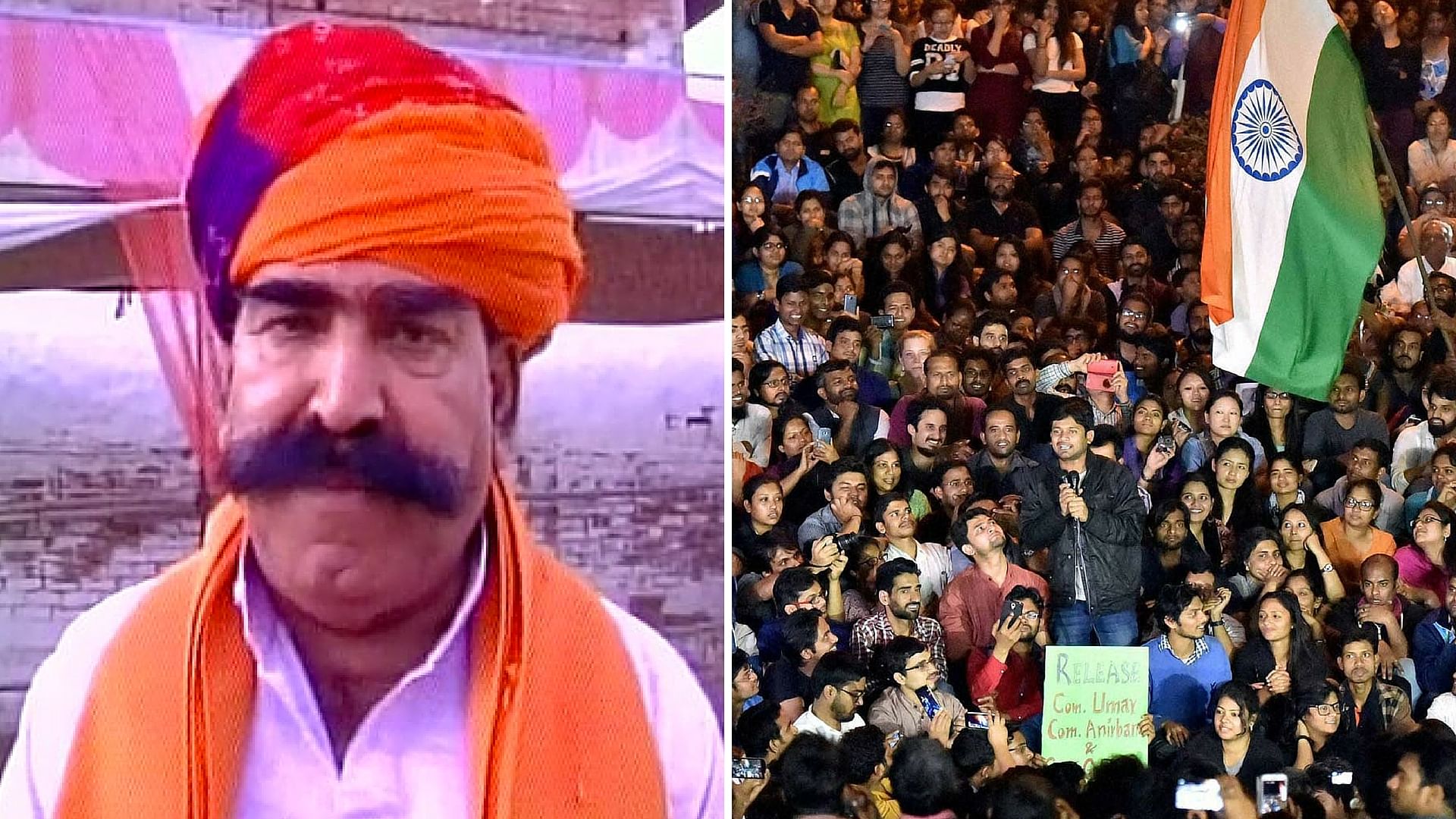 BJP MLA, Gyandev Ahuja and students of JNU. (Photo: Altered by <b>The Quint</b>)