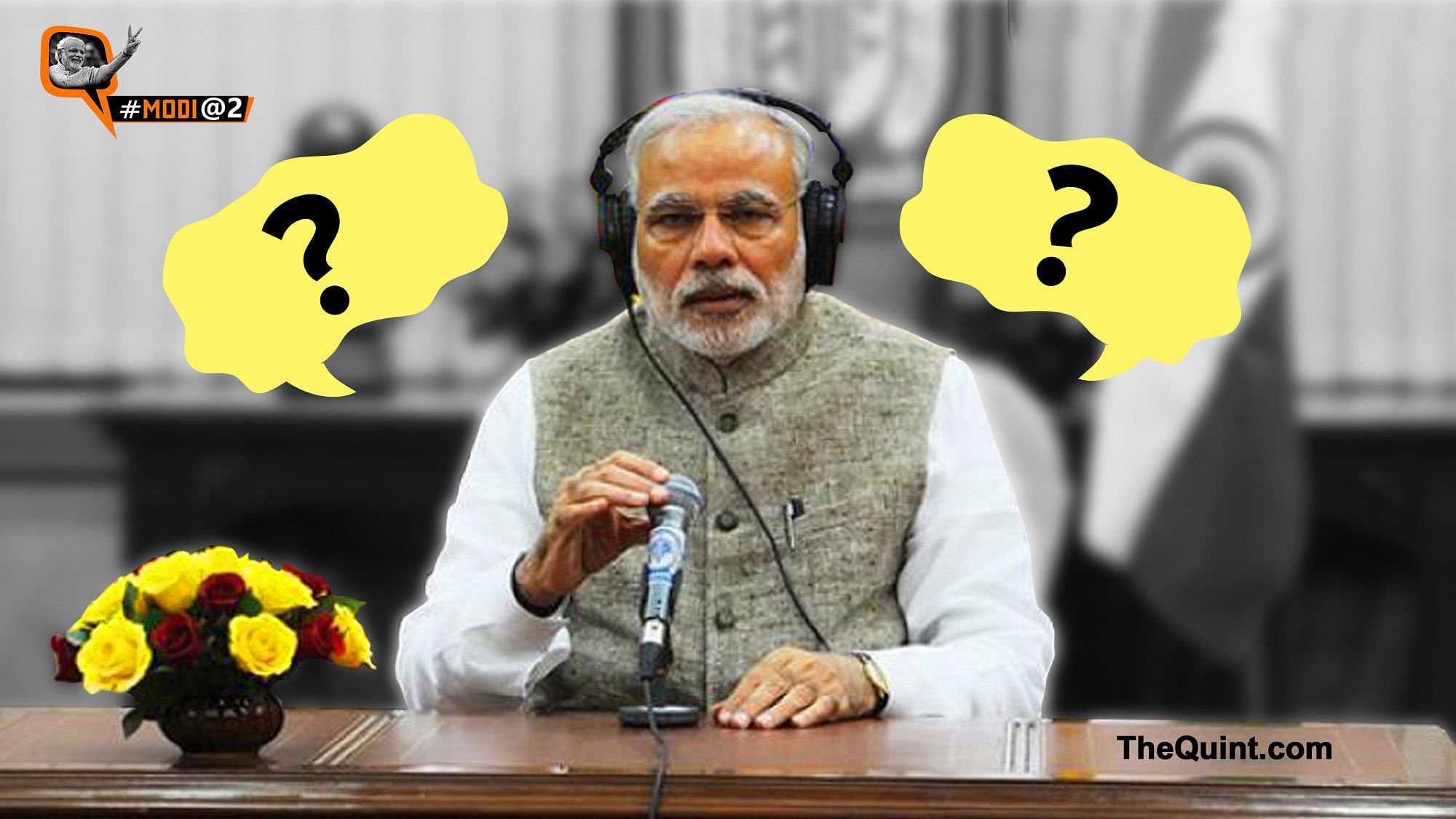 File photo of PM Modi during on of his <i>Mann ki Baat </i>broadcasts. (Image altered by <b>The Quint</b>)