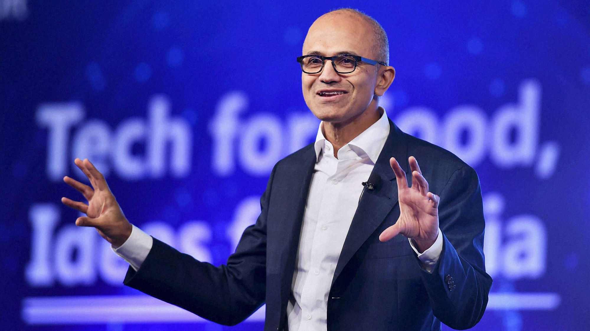 Microsoft CEO Satya Nadella delivering keynote address at the company’s Tech For Good, Ideas for India event in New Delhi on Monday. (Photo: PTI)