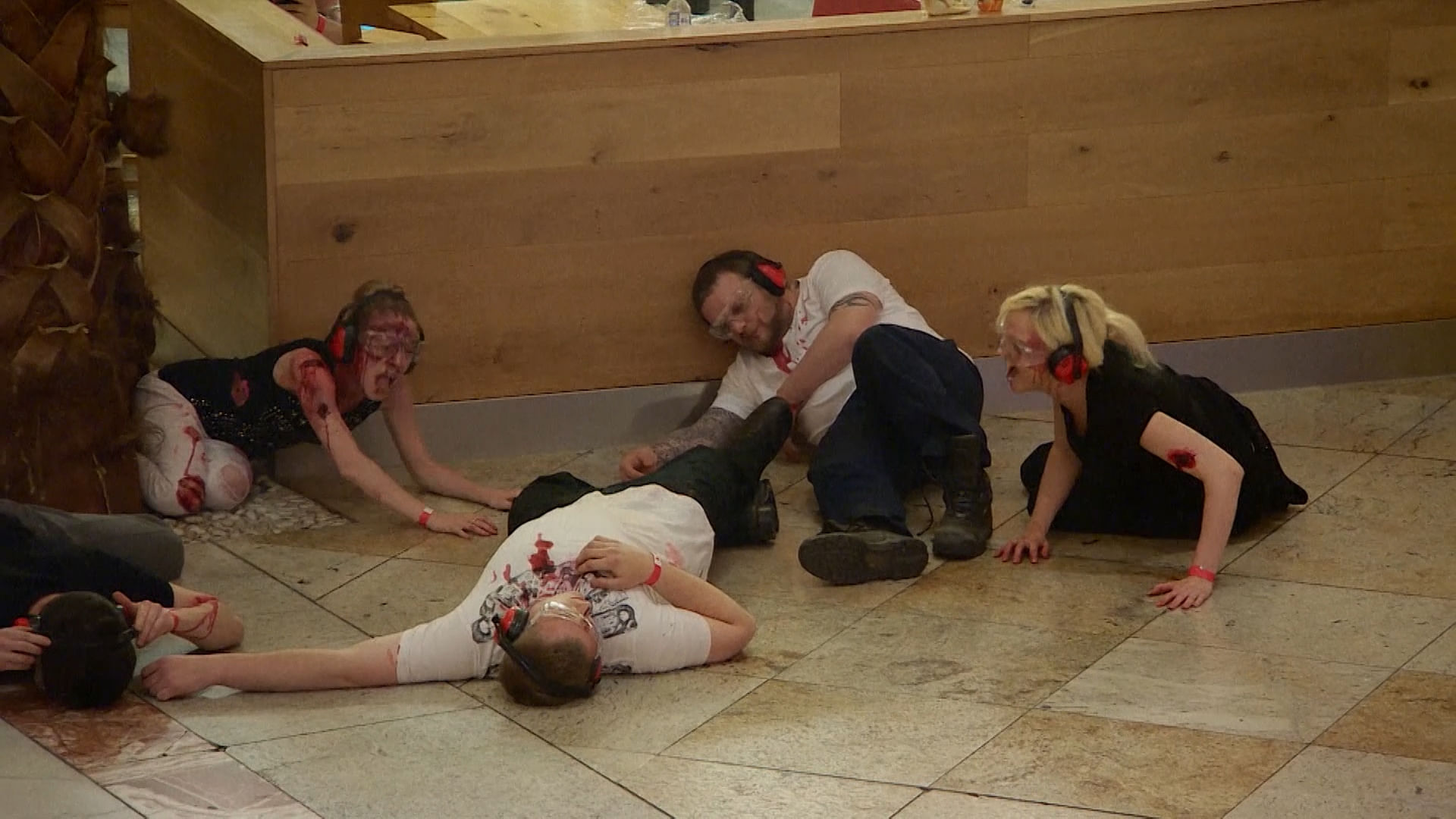 People (volunteers) participating in the controversial mock drill exercise in Manchester on Tuesday. (Photo: AP/POOL/SKY  screengrab)