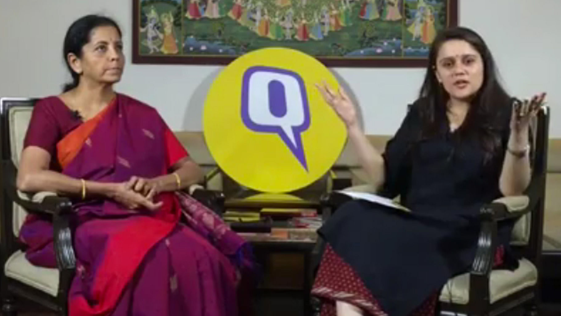 Nirmala Sitharaman becomes the first Indian minister to do a Facebook Live, exclusively on <b>The Quint</b>. (Photo: <b>The Quint</b>)