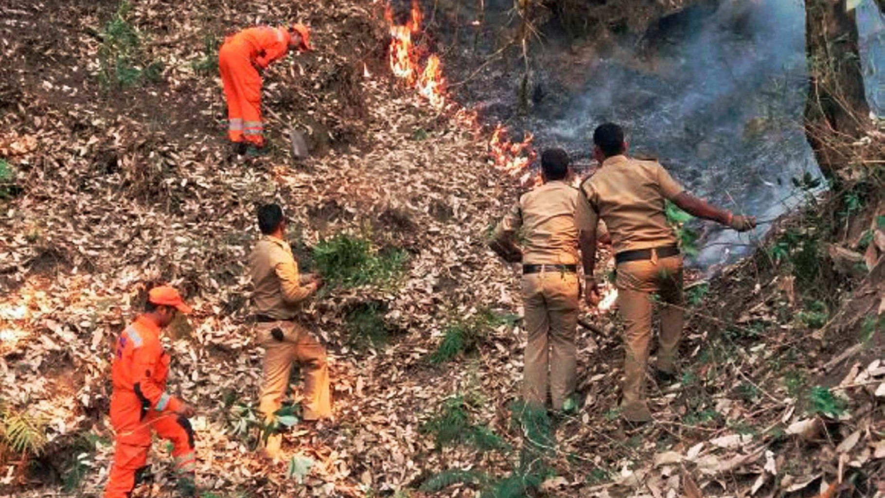 Forest officials extinguishing the fire in the forests at Kotdwar, Uttarakhand on Monday.(Photo: PTI)