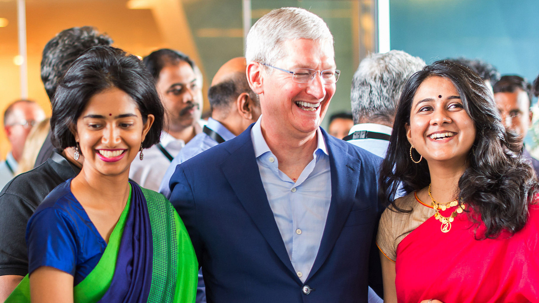 

In this handout photograph provided by Apple Media office, Apple chief Tim Cook talks with Indian colleagues during the inauguration of the Apple’s Map development office in Hyderabad on 19 May 2016. (Photo: AP)