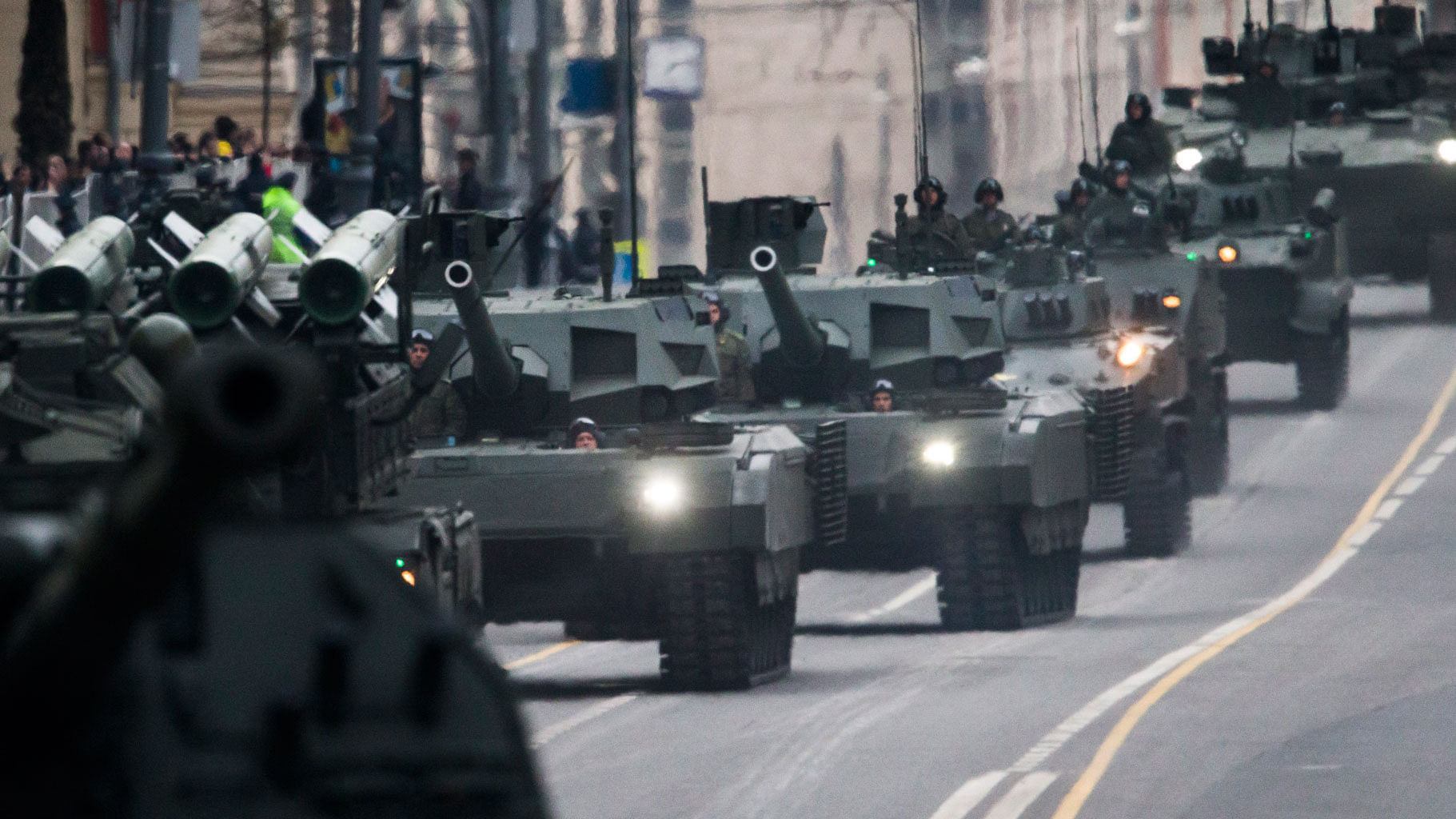  Russian T-14 Armata tanks makes its way to Red Square during a rehearsal for the Victory Day military parade. (Photo: AP) 