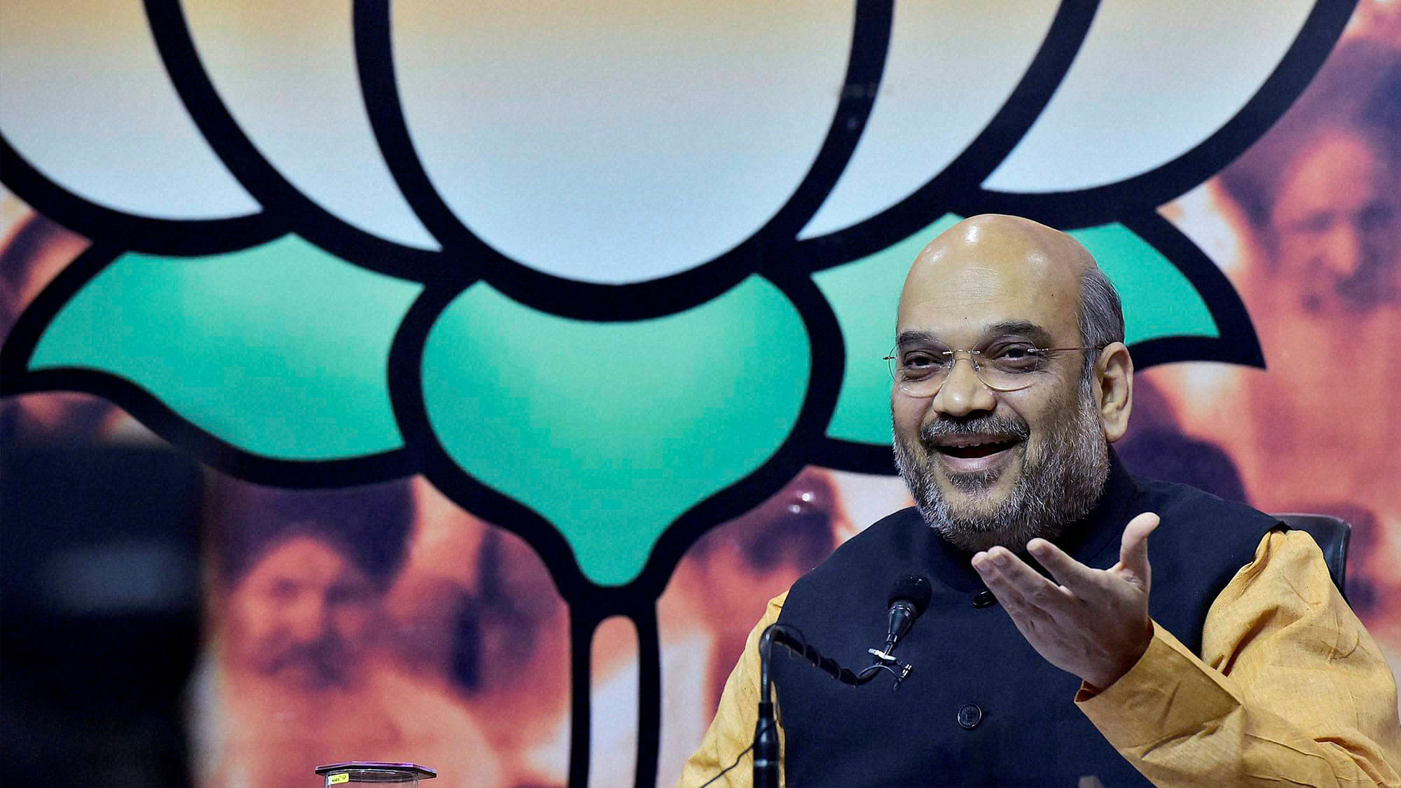 File Photo: BJP President Amit Shah gestures as he addresses media at the party office in New Delhi on Thursday following the results of Assembly elections in the five states.&nbsp;