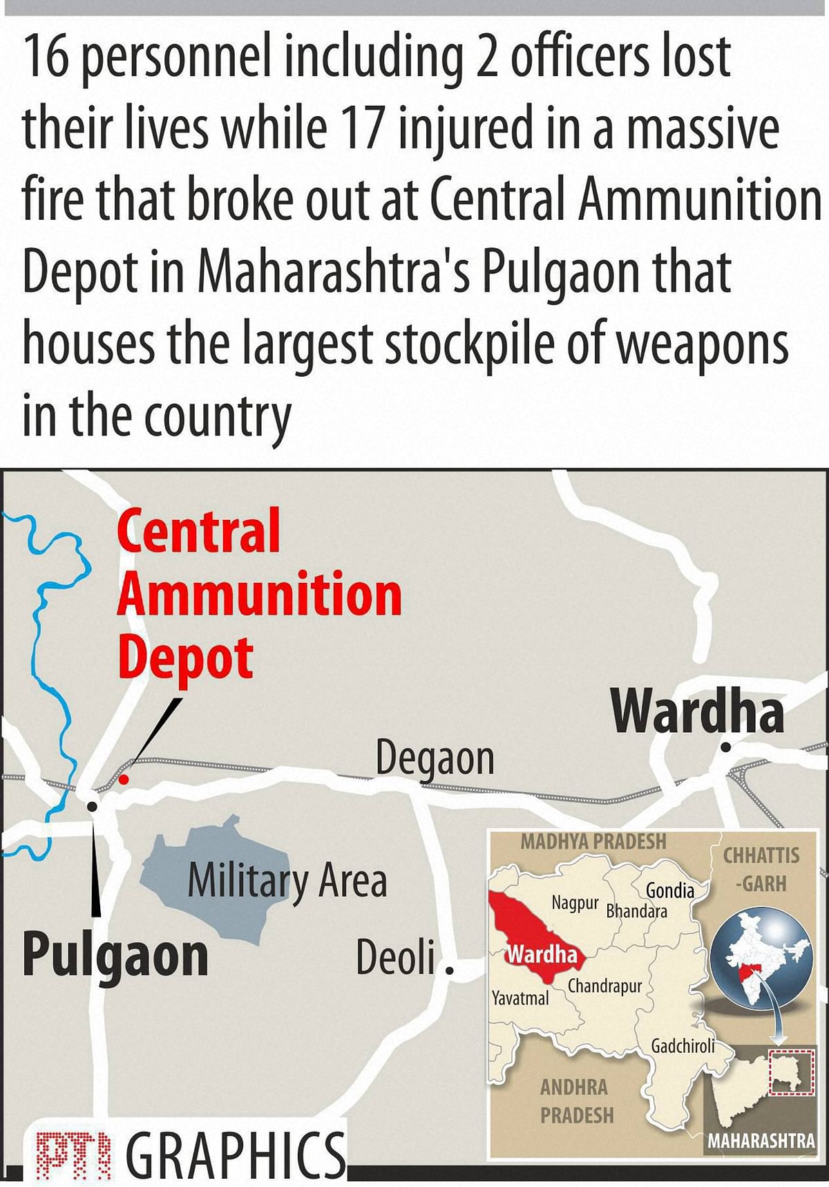 Fire at India’s largest military ammunition depot in Pulgaon in Maharashtra killed two officers, among 20 others.