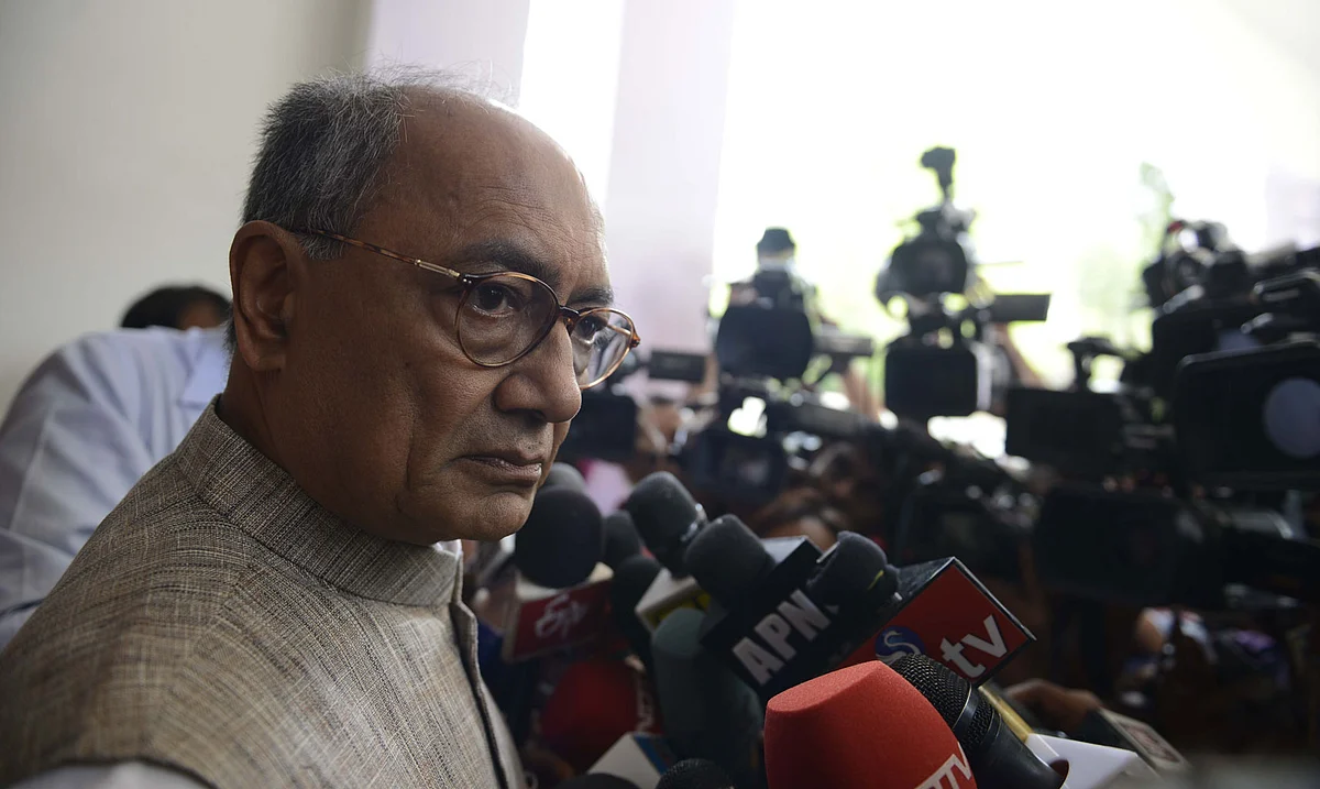 Congress general secretary Digvijaya Singh addresses after the Congress Working Committee meeting in New Delhi, on 17 April 2015. (Photo: IANS)