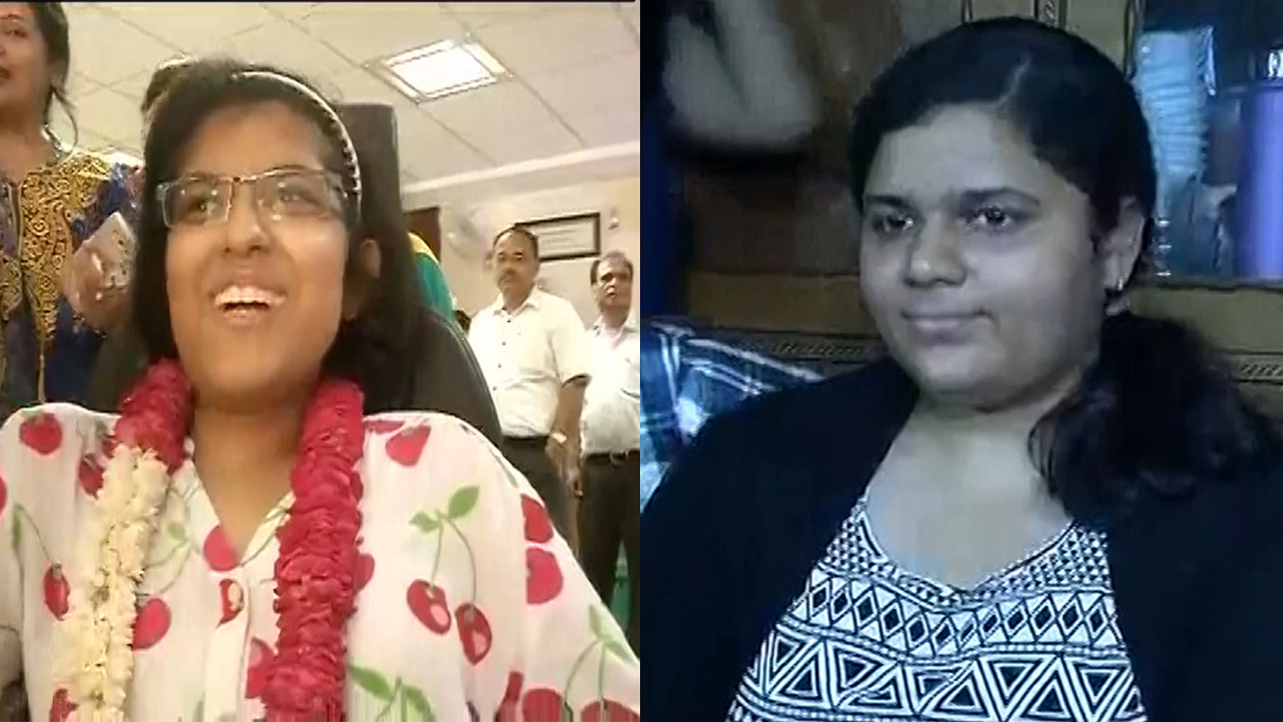 CBSE Class 12 toppers, (Left) Mudita Jagota, (Right) Sukriti Gupta. (Photo: ANI Screengrab/ Modified by <b>The Quint</b> )