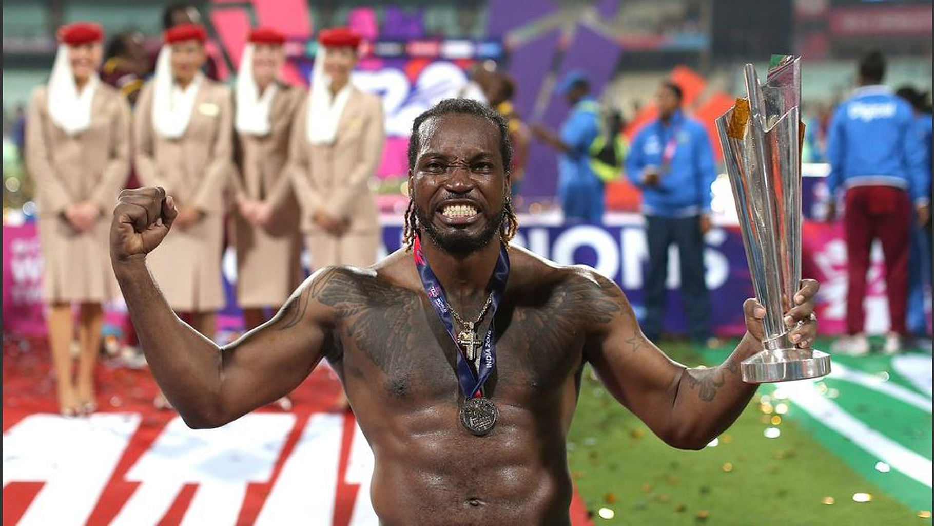 Chris Gayle after winning the ICC WT20. (Photo: Twitter/@icc)