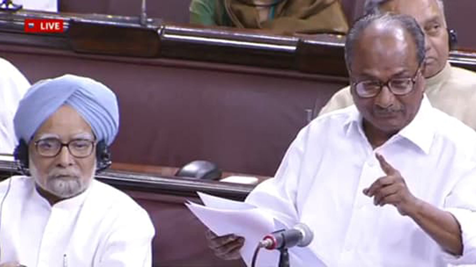 Former Prime Minister, Dr Manmohan Singh and former Defence Minister AK Antony in the Rajya Sabha. (Photo Courtesy: Rajya Sabha TV Screengrab)