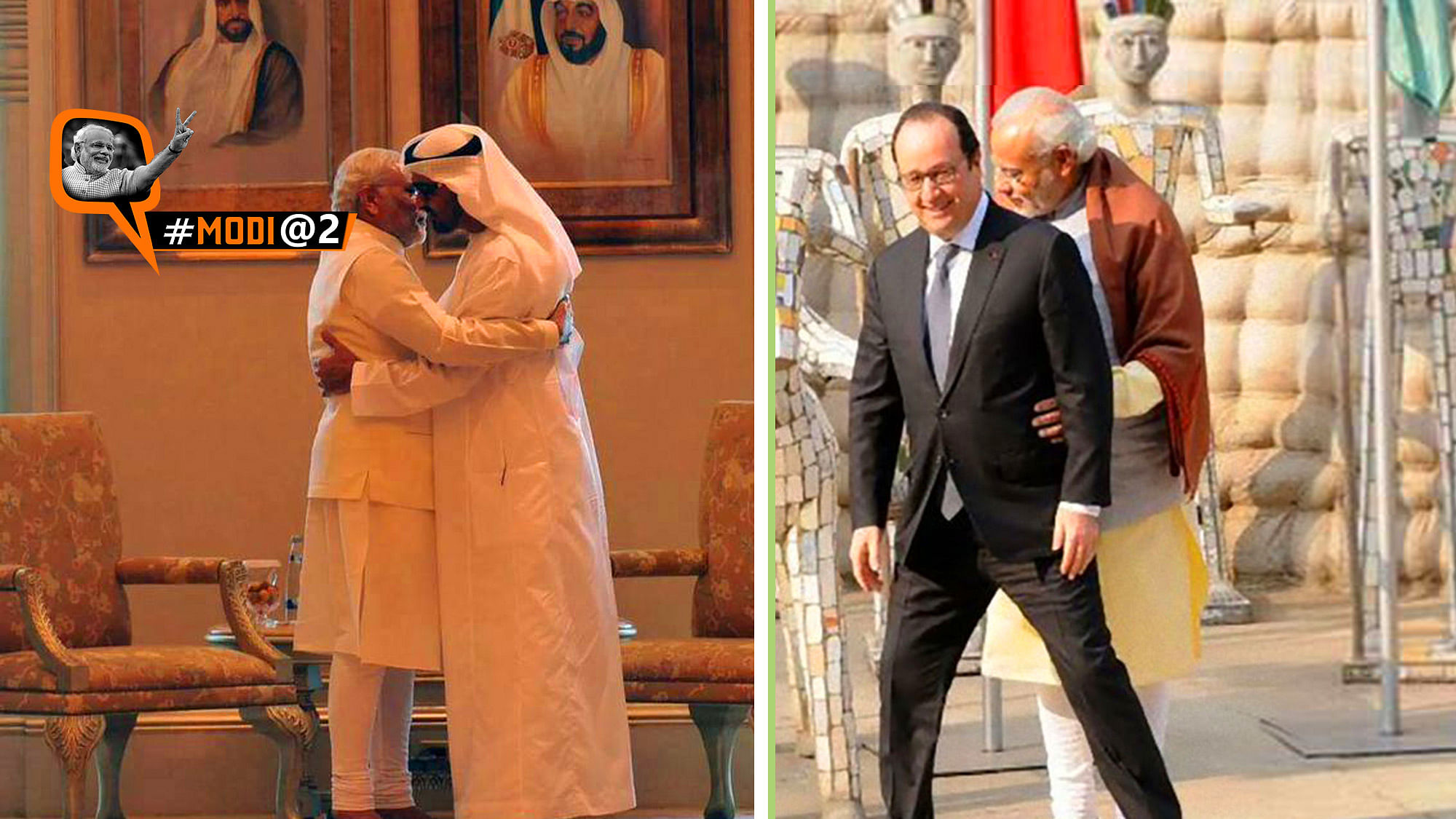 As PM Modi completes two years in power, here’s a look at his awkward hugs and handshakes. (Photo: <b>The Quint</b>)