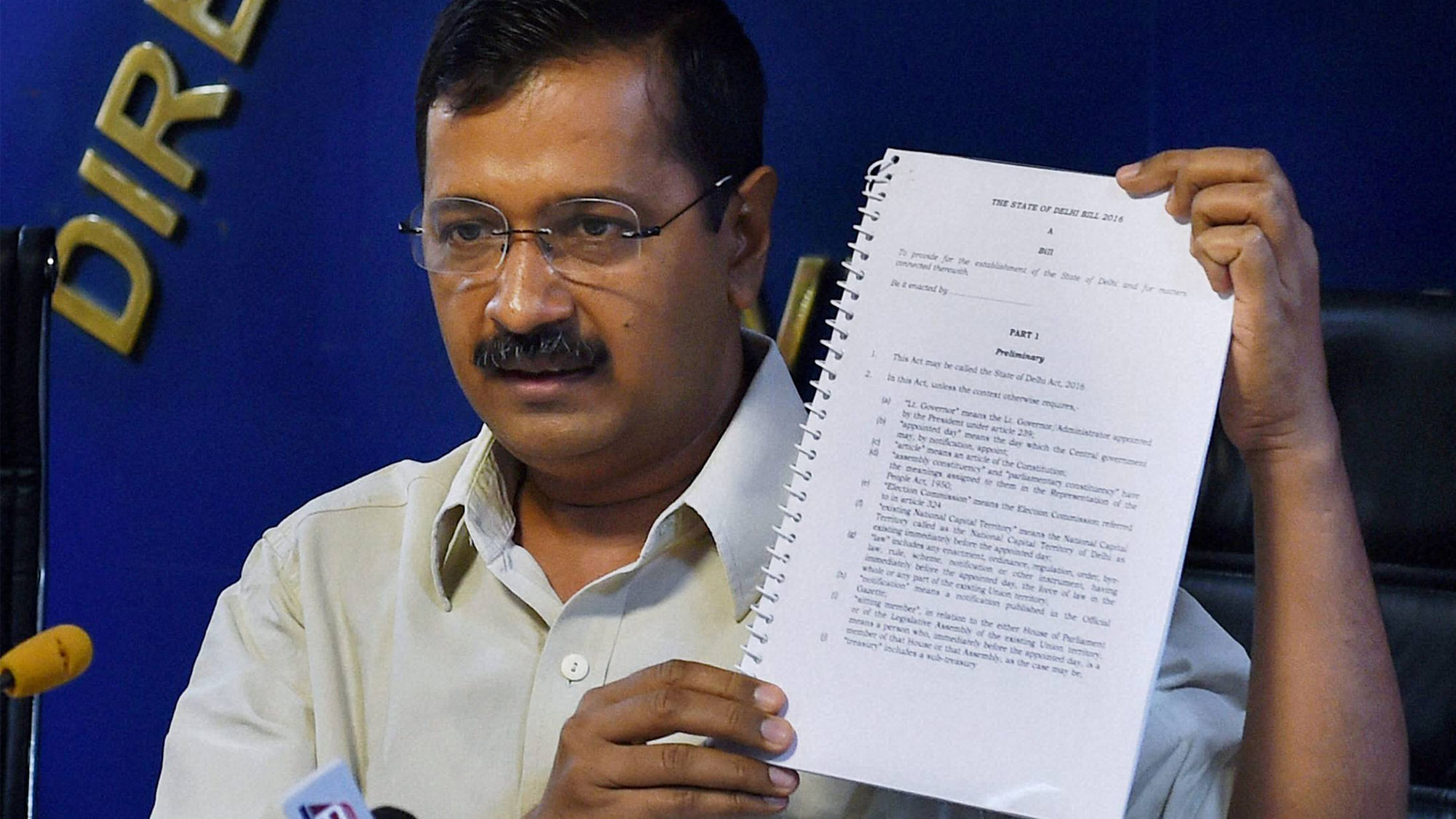 Delhi Chief Minister Arvind Kejriwal showing a copy of the draft bill seeking full statehood for Delhi, at a press conference at Delhi Secretariat on Wednesday. (Photo: PTI)