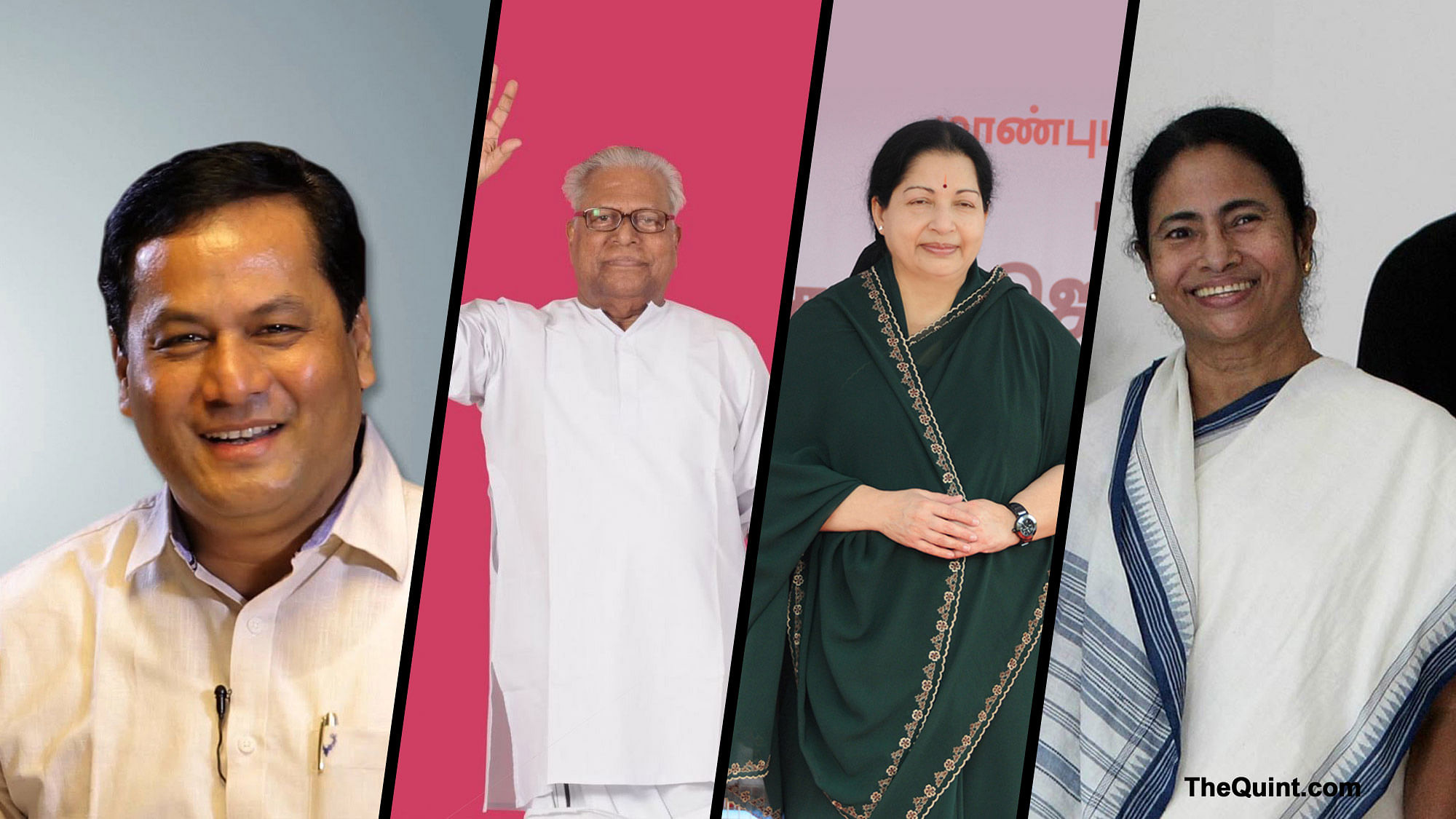 (From left) Sarbananda Sonowal, VS Achuthanandan, Jayalalithaa and Mamata Banerjee. (Photo: <b>The Quint</b>)
