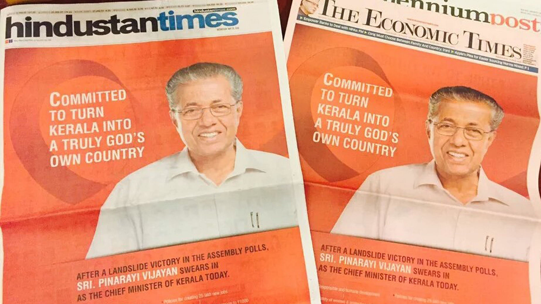 

The Left’s trademark red and Kerala’s “God’s on Country” tagline feature in ads across national dailies announcing Pinarayi Vijayan’s swearing in as Kerala’s next Chief Minister. (Photo Courtesy: <i>The News Minute</i>)