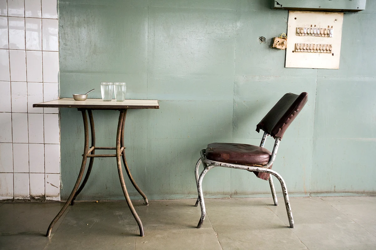 A chair at Indian Coffee House, Baba Kharak Sing Marg, New Delhi. (Photo: Sent by Stuart Freedman)