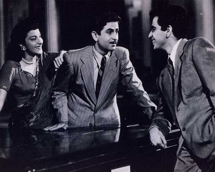 Nargis, Raj Kapoor and Dilip Kumar in a scene from <i>Andaz </i>(1949)