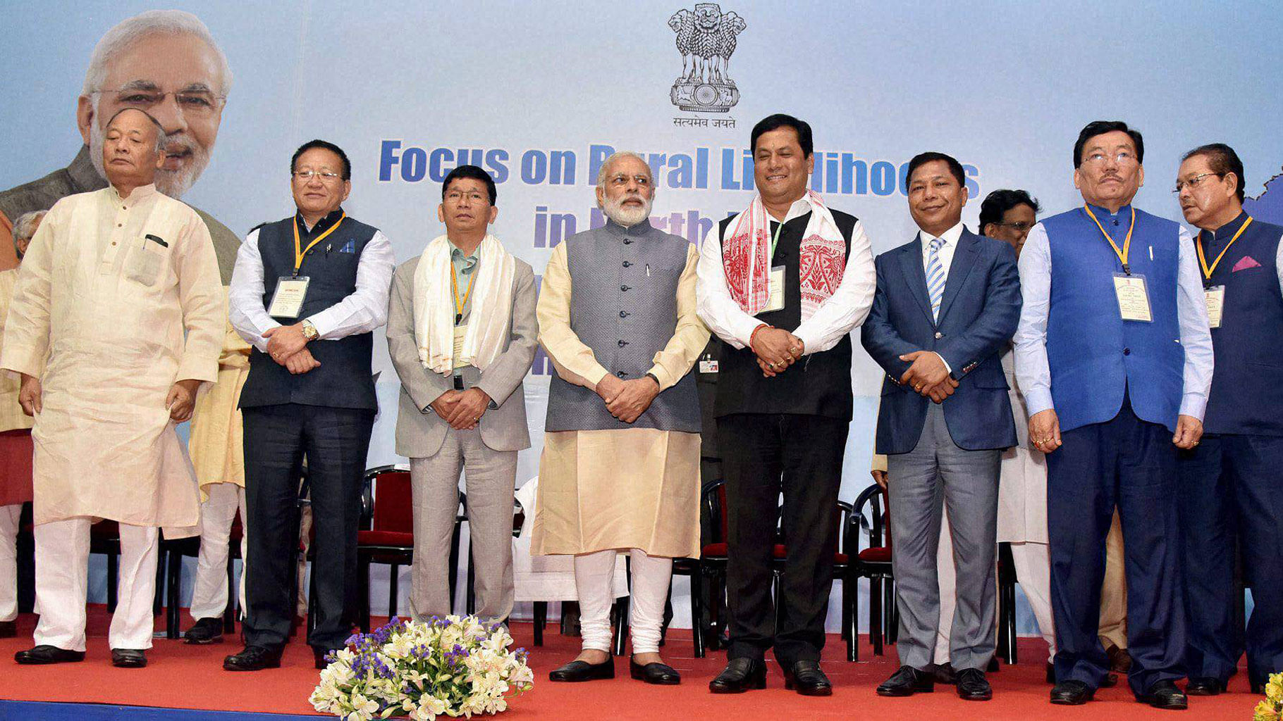 

Prime Minister Narendra Modi with Northeastern states Chief Ministers at a public meeting in Shillong on Friday. (Photo: PTI)