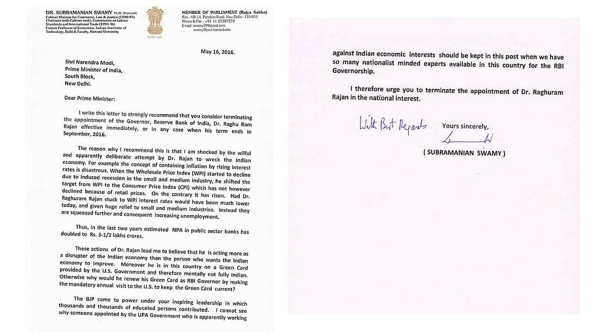 Swamy’s letter to the PM asks for the RBI governor’s immediate dismissal. 