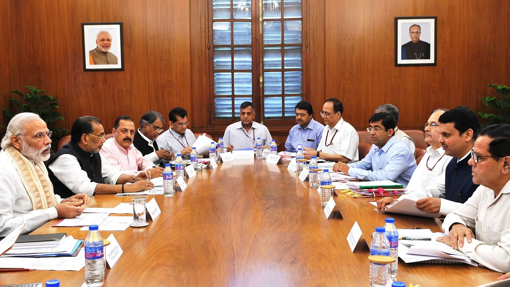 Prime Minister Narendra Modi reviews drought situation at a high level meeting with the Chief Minister of Maharashtra Devendra Fadnavis, in New Delhi. (Photo: IANS/PIB)