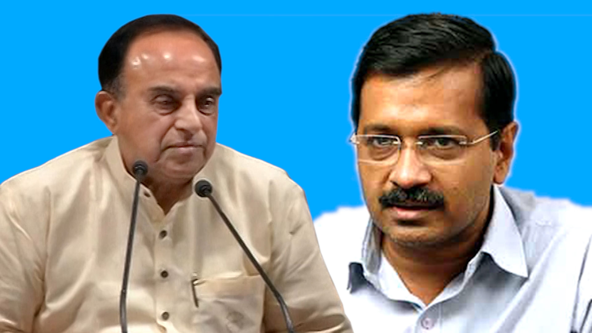 Speaking at a press conference in Thiruvananthapuram, Subramanian Swamy (left) on Saturday claimed that Arvind Kejriwal (right) didn’t get a rank in IIT entrance test. (Photo: altered by <b>The Quint</b>)