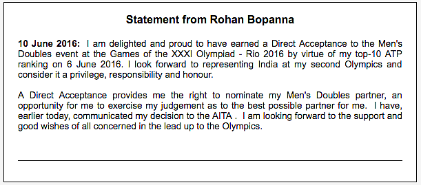 Rohan Bopanna released this statement on his social media pages on Friday, one day before the selection meeting.