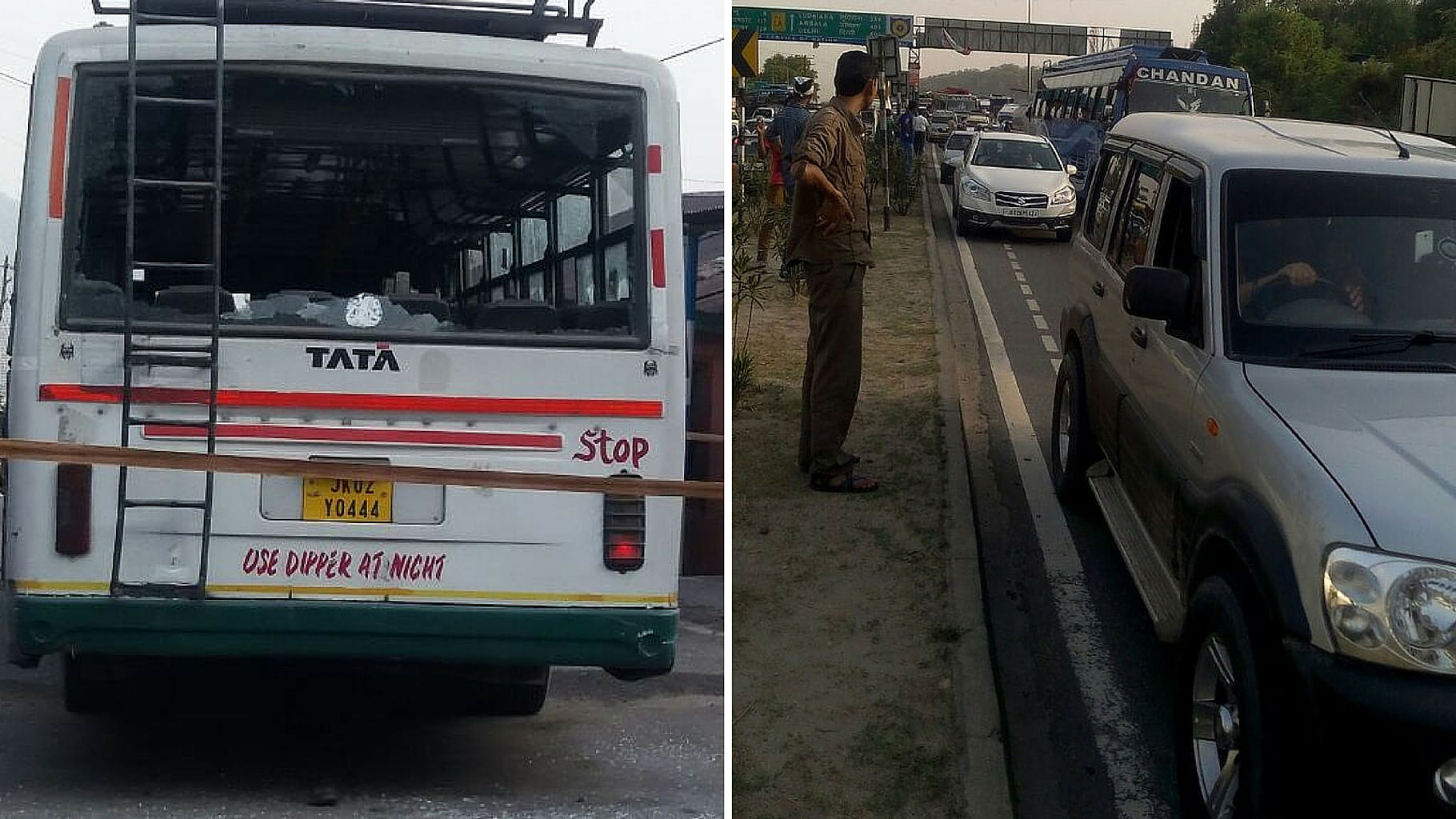 From left to right. Bus from which terrorists opened fire on CRPF camp. Traffic stopped at Jammu and Kashmir National Highway for safety of passengers. (Photo: ANI Screengrab)