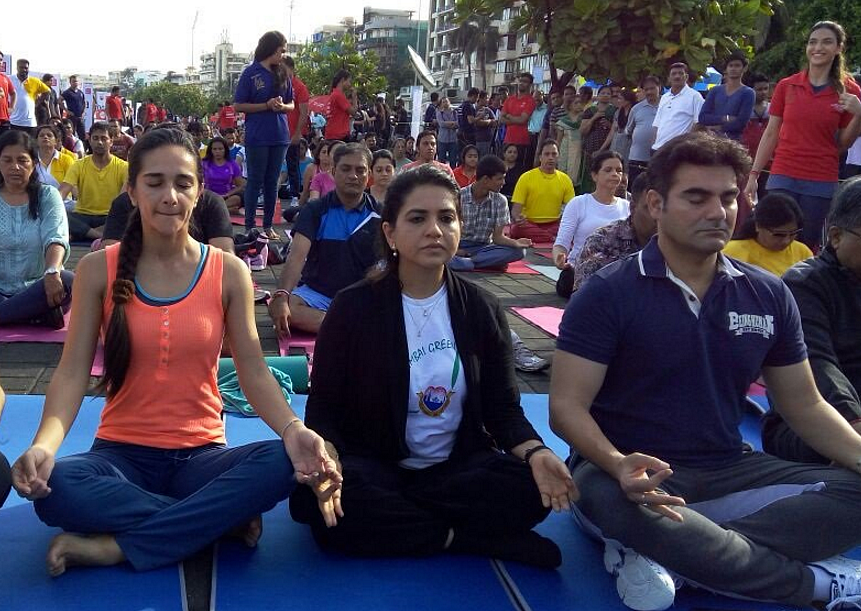 BJP leader Shaina NC at International Yoga Day celebrations in Mumbai. (Photo: ANI)