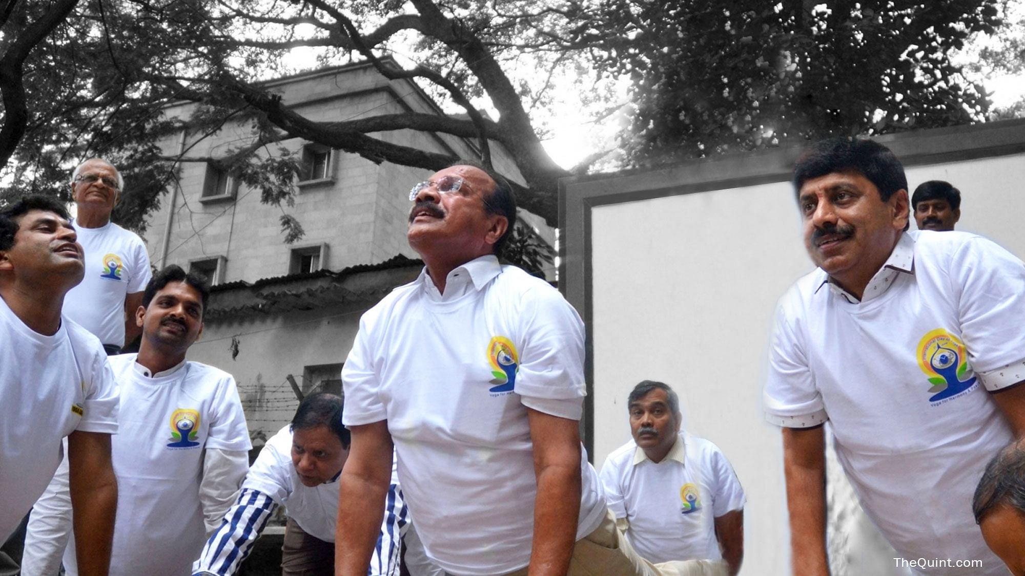 Union Minister Sadananda Gowda  performs yoga during a press conference regarding International Yoga Day   in Bengaluru, on 11 June  2016.&nbsp;