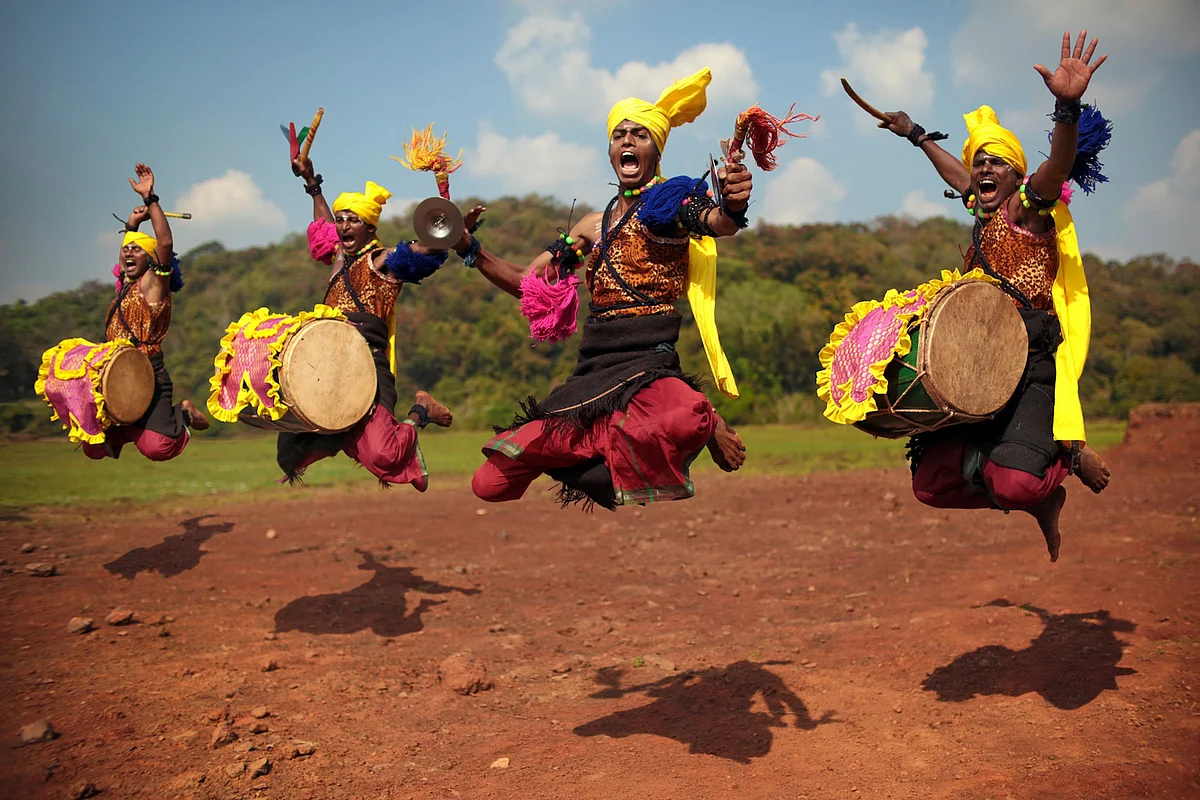 Dancers of the Dollu Kunitha tradition jump in a final climax to their performance. (Photo: Souvid Datta)