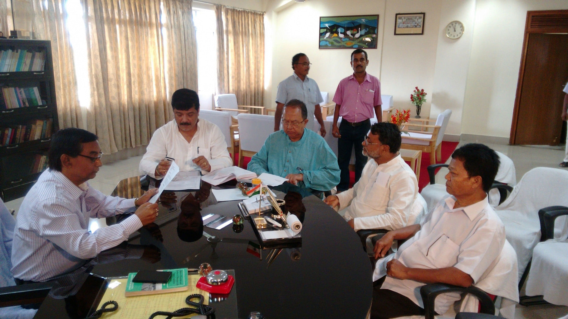 Rebel Congress MLAs Sudip Roy Barman, Ashis Kumar Saha, Diba Chandra Hrangkhawl and Biswa Bandhu Sen submit a letter of disassociation from Congress. (Photo: IANS)