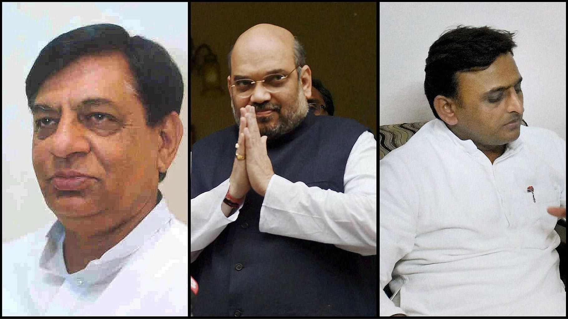 BJP MLA Hukum Singh, BJP president Amit Shah, and UP CM Akhilesh Yadav. (Photo: <b>The Quint</b>)