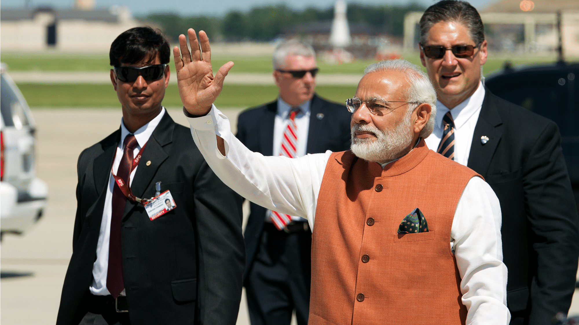 Prime Minister Narendra Modi waves to members of the Indian community in Washington upon his arrival at Andrews Air Force Base, on 6 June.  (Photo: AP)