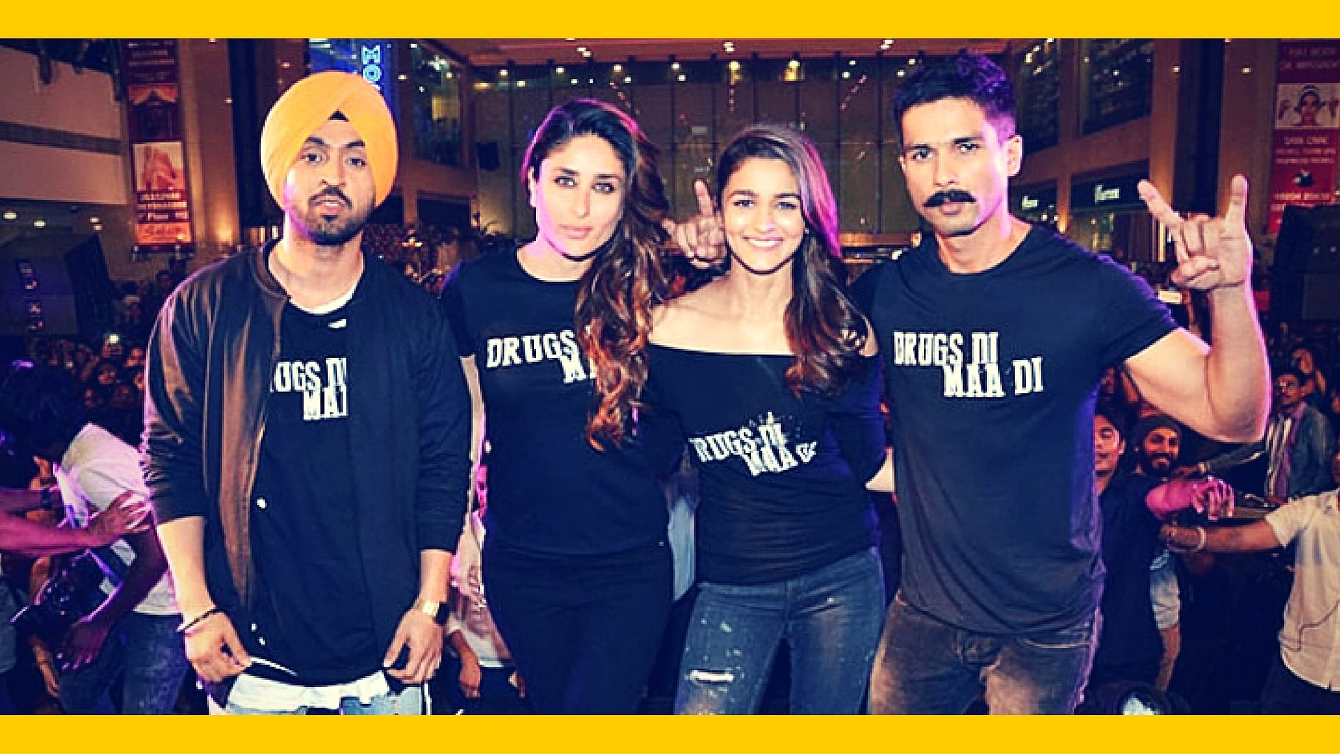 Diljit Dosanjh, Kareena Kapoor, Alia Bhatt and Shahid Kapoor at a promotional event for <i>Udta Punjab</i> (Photo: Yogen Shah; altered by The Quint)