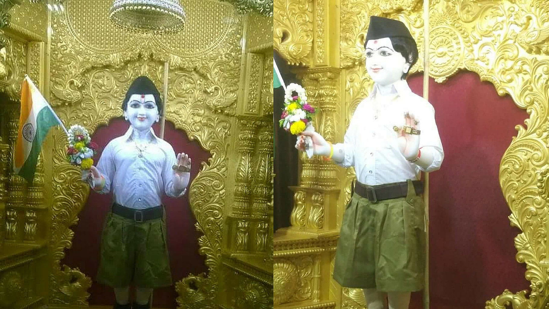 Lord Swaminarayan in Sangh’s uniform. (Photo: Courtesy: <a href="https://www.facebook.com/photo.php?fbid=1089898444416159&amp;set=a.596704687068873.1073741826.100001880427844&amp;type=3&amp;theater">Facebook</a>/<a href="https://twitter.com/treatednickel/status/740136444748914688">Twitter</a>)