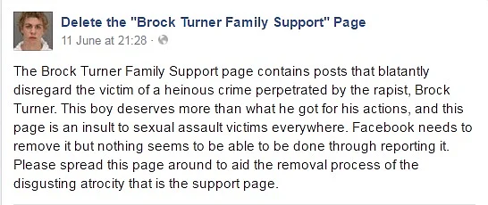 A post from the Facebook page. (Photo Courtesy: Facebook/<a href="https://www.facebook.com/Delete-the-Brock-Turner-Family-Support-Page-1026919064064456/timeline?ref=page_internal">Delete the “Brock Turner family Support” Page</a>)