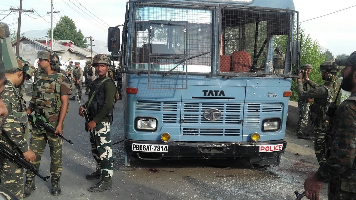 The CRPF bus which was attacked by militants in Pampore. (Photo: IANS)