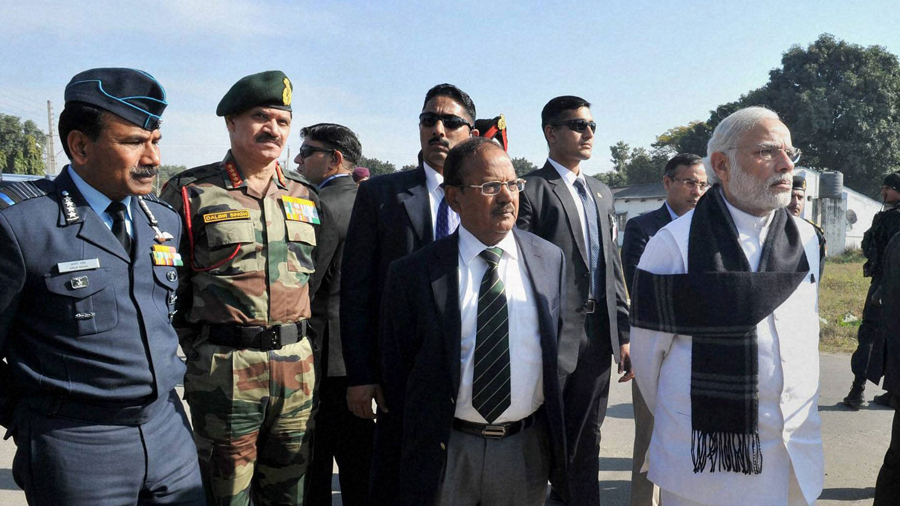 Narendra Modi and National Security Adviser Ajit Doval watching a presentation on counter-terrorism and combing operation at Pathankot Airbase.&nbsp;