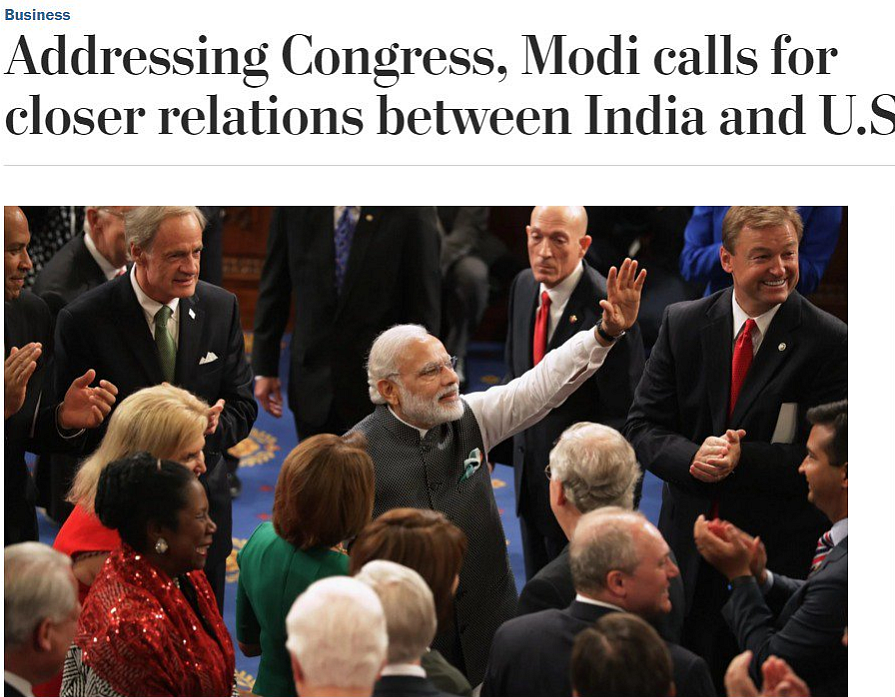 The Washington Post’s take on Modi’s Speech (Photo Courtesy: <i><a href="https://www.washingtonpost.com/business/economy/addressing-congress-modi-calls-for-closer-relations-between-india-and-us/2016/06/08/97175724-2d7f-11e6-9b37-42985f6a265c_story.html?postshare=5701465411020063&tid=ss_tw">The Washington Post</a></i>)