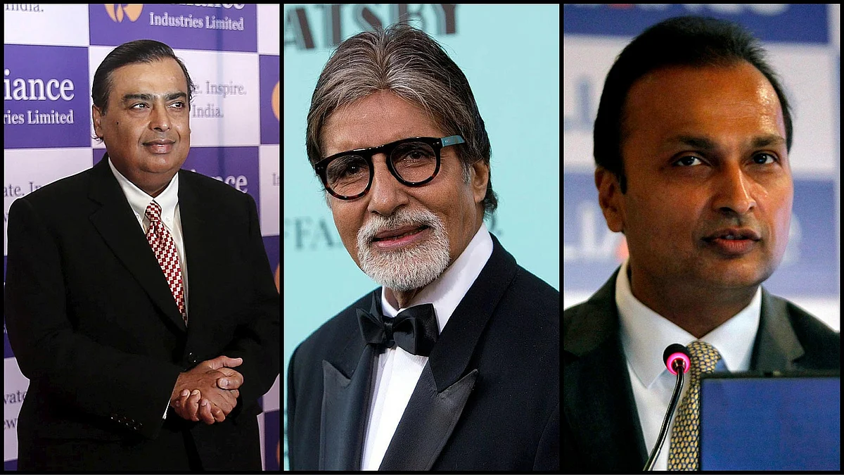 Mukesh Ambani, Amitabh Bachchan, and Anil Ambani (right). (Photo: <b>The Quint</b>)